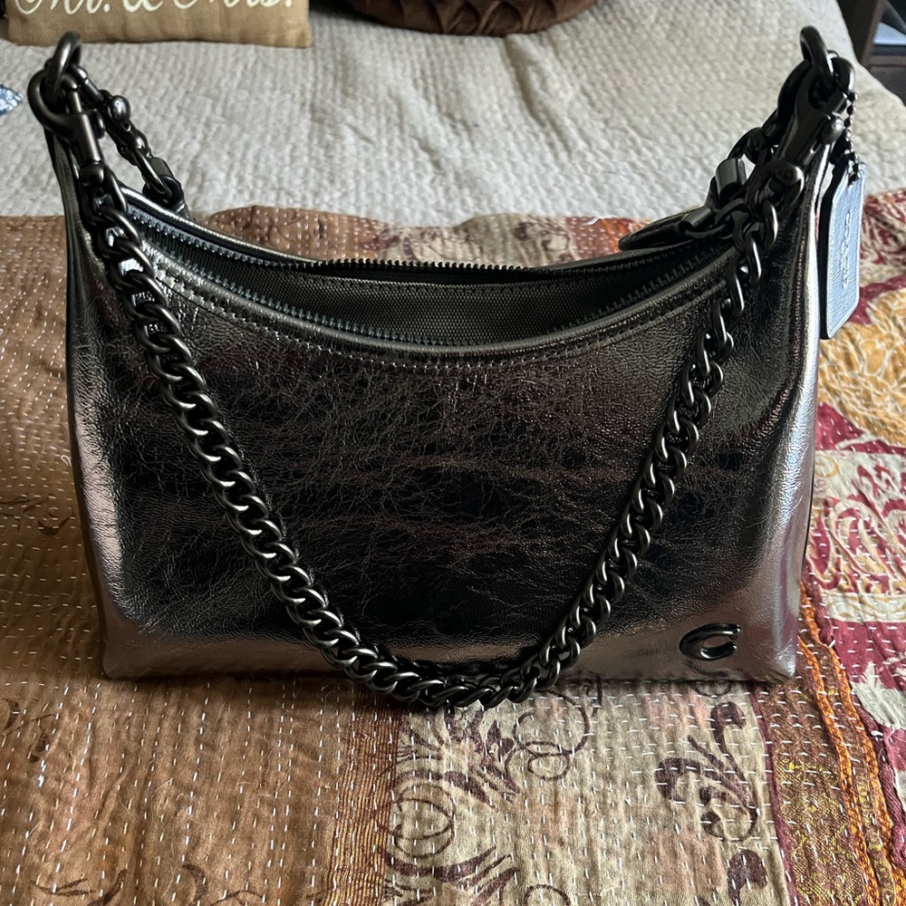 Coach anthracite Metallic Black Chain Shoulder Bag